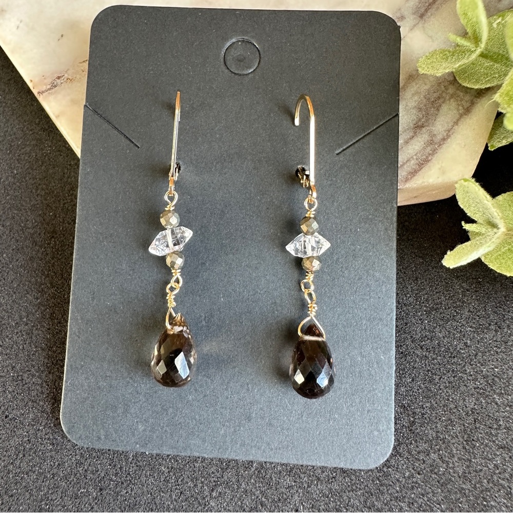 Herkimer Diamond and Smoky Quartz Earrings 14k Gold Lever back
